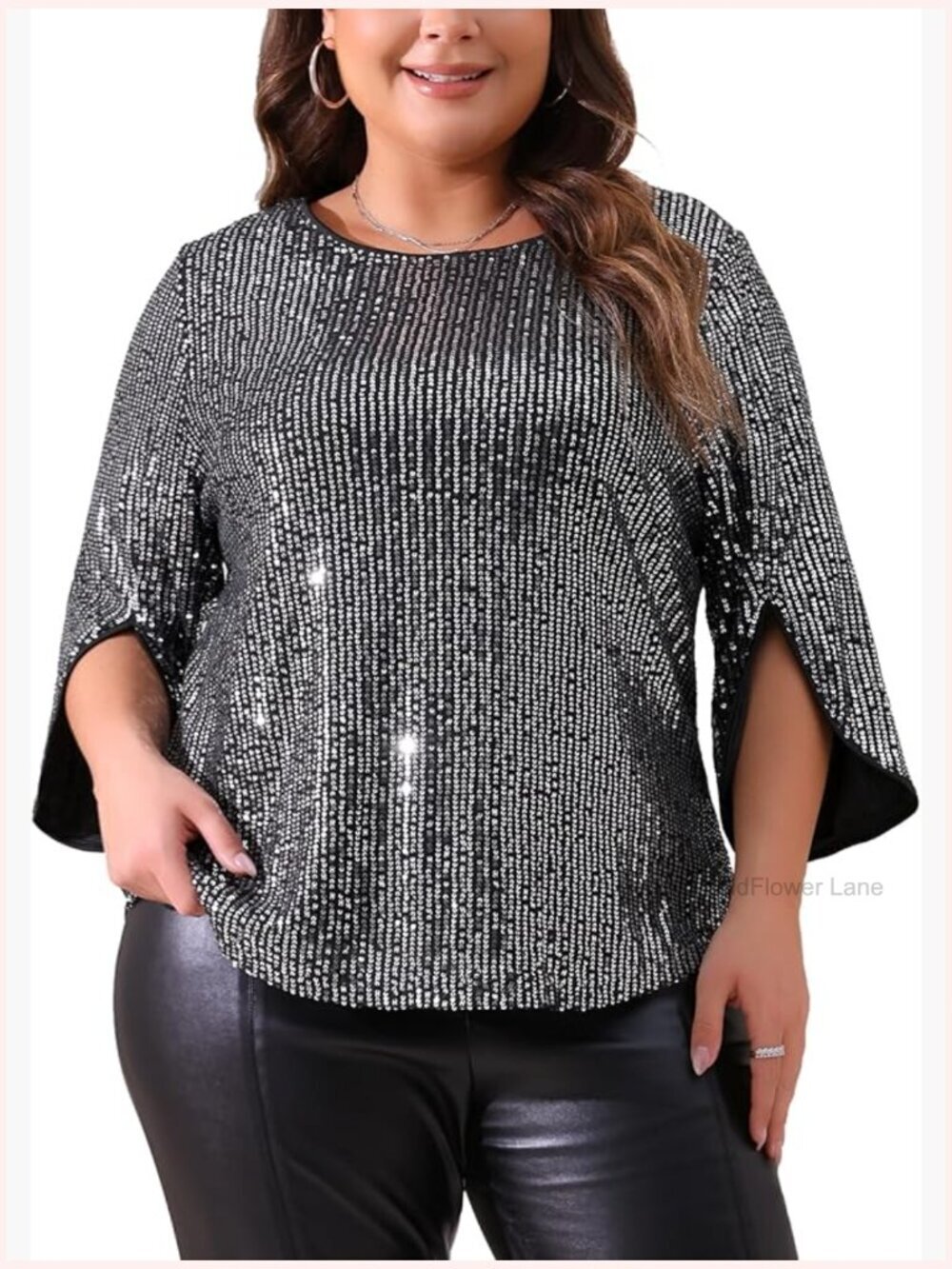 Plus Size Glitter Sequin 3/4 Slit Sleeve Party Top